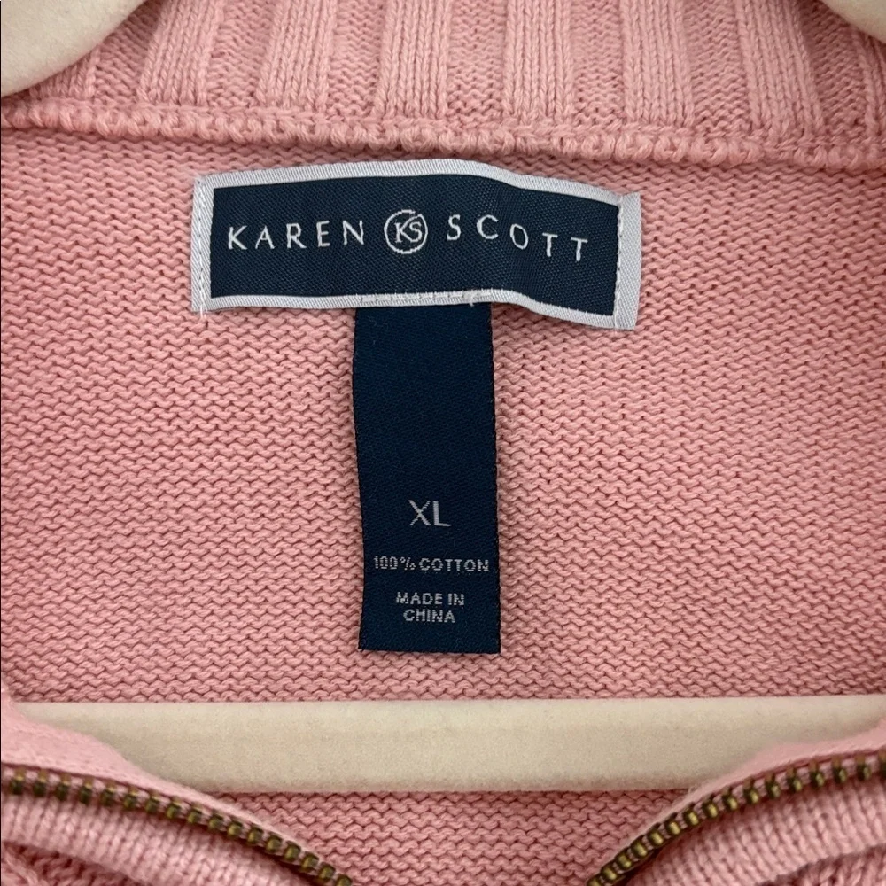 Karen Scott Soft Pink Cowl Neck Front Zip Sweater. 100% Cotton. Size XL